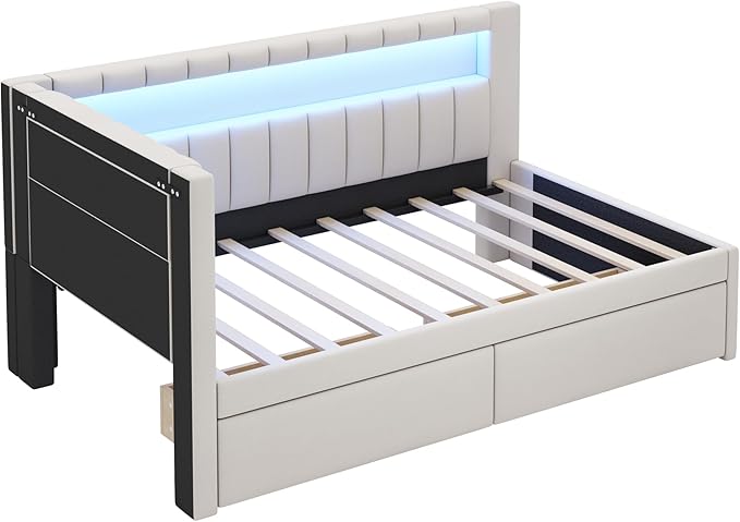 Twin Size Daybed with Storage Drawers and L-Shaped Bookshelf Headboard, Linen Upholstered Soft Corner Bed with Shelves, Charging Station and LED Belt for Kids Boys Girls, White