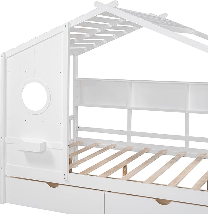 Modern Full Size House Bed with Roof and Window, Wooden Daybed Frame with Shelves and 2 Drawers,Bedroom Furniture for Girls & Boys (White+2 Drawers*)