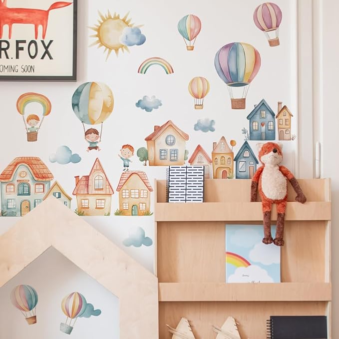 Cartoon City Wall Decals, Whimsical Hot Air Balloons, Houses, Animals, Rainbow, Sun, Clouds Design, Removable Vinyl Stickers for Kids Room, Nursery, Bedroom, Playroom Decor (Colorful-03)