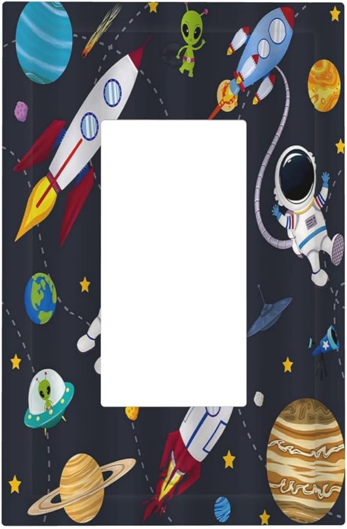 Rocket Planets Astronaut Blue Decorative Single Rocker Light Switch Covers 1 Gang Outlet Cover Wall Plate Decorative GFCI Switchplate Faceplate for Nursery Kidsroom Bedroom Decor