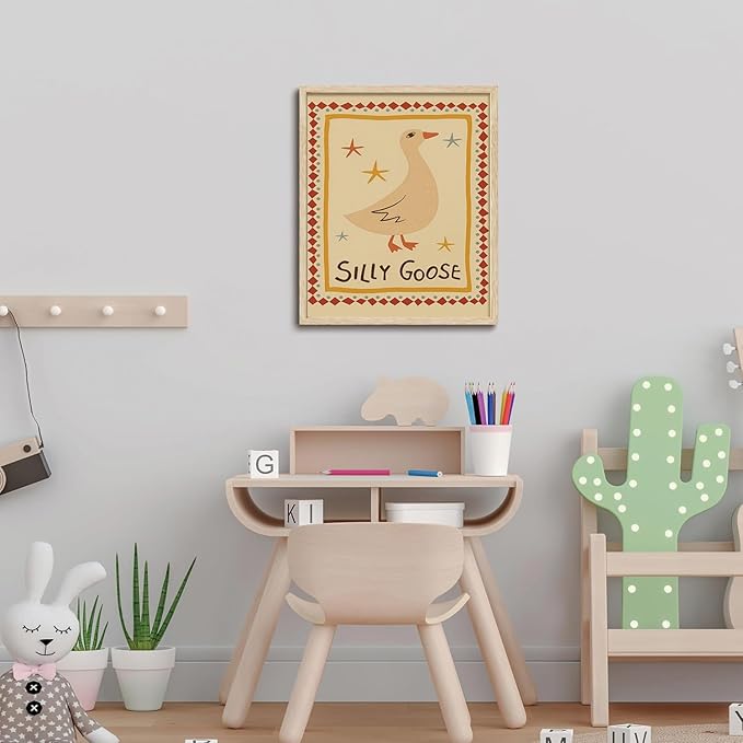 KISSFOX Framed Wall Art Nursery Wall Decor Yellow Silly Goose Pictures Kids Cute Animal Canvas Art Boho Whimsical Paintings Artwork For Children Boys Girls Room