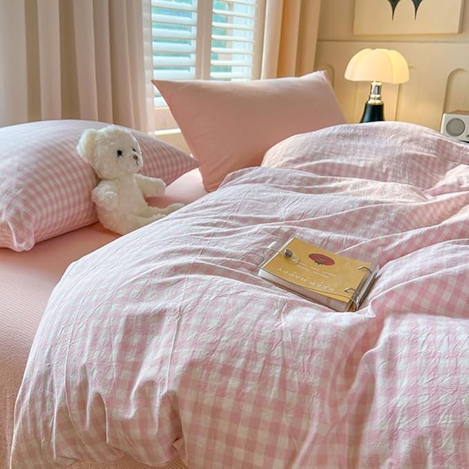 Nayoroom Pink Gingham Comforter Set Full Size Plaid Checkered Comforter 3 Pcs Soft Lightweight Grid Farmhouse Dorm Bedding Set for All Seasons (1 Comforter, 2 Pillowcases)