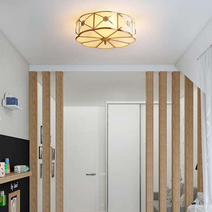 MIXL- Brass Flush Mount Ceiling Light, Flower Shaped 3-Light LED Ceiling Lamp, Frosted Glass Shade Modern Light, Close to Ceiling Light Decorative for Bedroom Living Room(13.77" W)