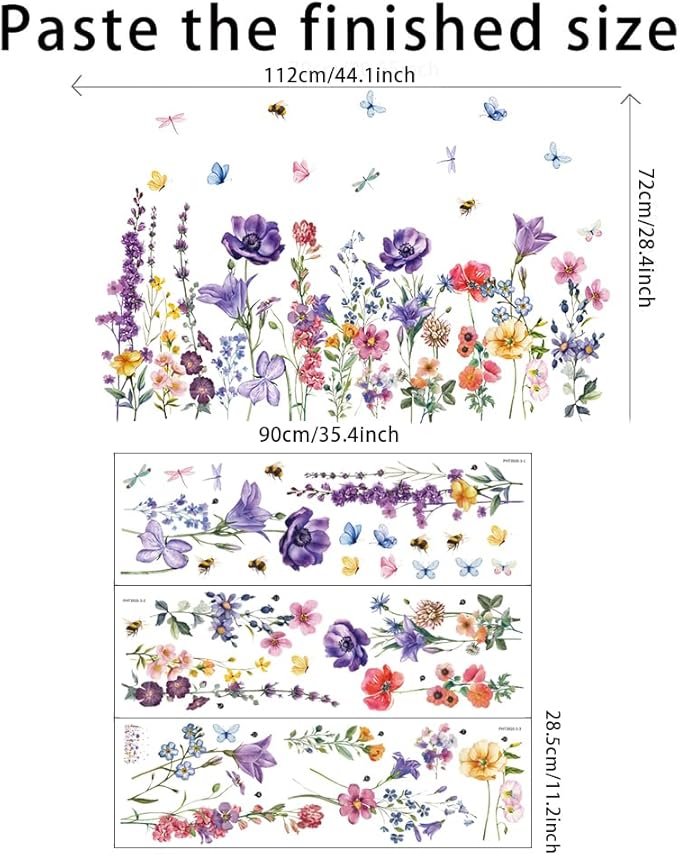 Colorful Wildflower Wall Stickers Spring Flower Butterflies Dragonflies Floral Botanical Wall Decals Peel and Stick Wall Art Stickers for Baby Nursery Girls Bedroom Kids Room Wall Decor