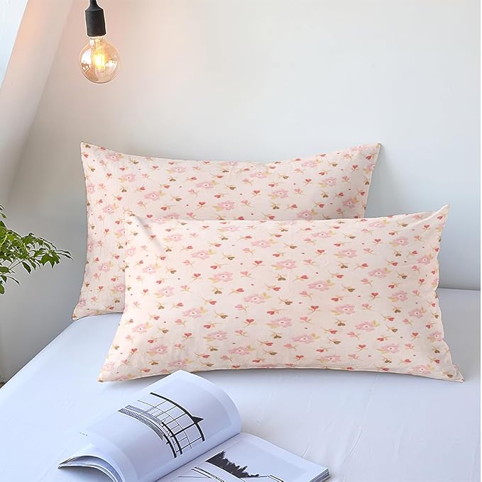 Pink and White Duvet Cover Full Size - 3 Pcs Floral Flower Leaf Pattern Printed Reversible Microfiber Comforter Cover Bedding Set - 80X90 Soft Aesthetic Cottage Preppy Bedroom Decor for Women Girls
