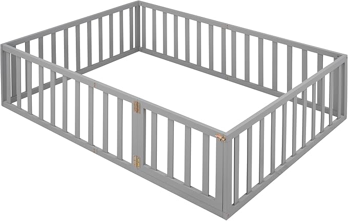 Merax Full Floor Bed with Safety Guardrails and Door, Wood Montessori Floor Bed Frame for Kids, Full Playhouse Bed Frame for Baby Girls and Boys, Grey