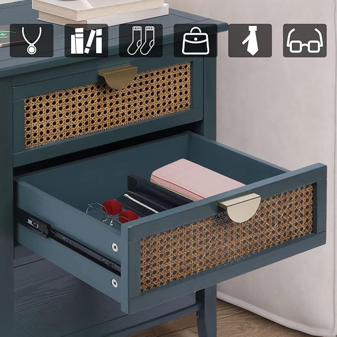 2 Drawers End Table for Living Room, Rattan Nightstand Bedside Table with Metal Handles for Living Room, Bedroom, Small Place(Green)