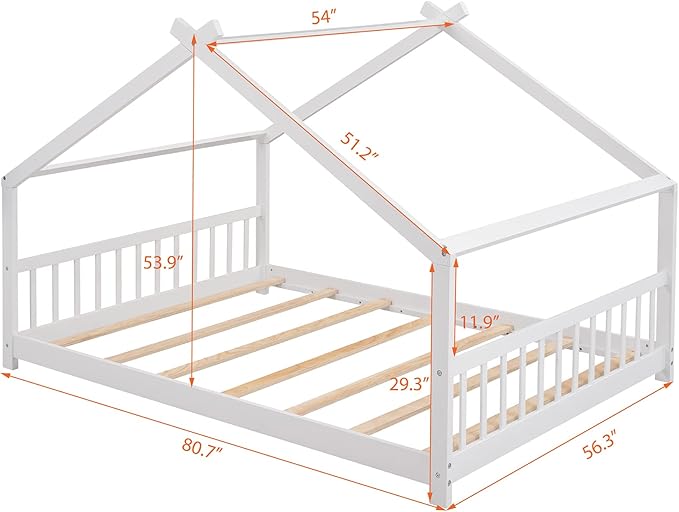 Ball & Cast Full Size Floor Bed,Low to Ground Design Montessori Bed with Roof,Toddler House Bed Frame W/Slats,No Box Spring Needed,for Girls Boys,White