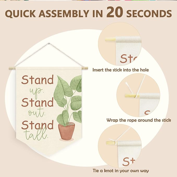 Plant Classroom Decor, Stand Up Out Tall Inspirational Linen Canvas Banner, Positive Affirmations Wall Hanging Pennant Flag Banner for Greenery Classroom Playroom Homeschool Decor, 15x11in,