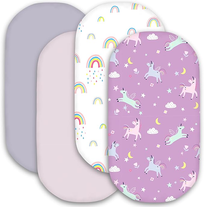 Little Grape Land Bassinet Sheets for Baby Boys Girls 4 Pack, 33" x 18" Extra Soft Breathable Fitted Bassinet Sheets, Bedside Sheets Fit for Oval Rectangle and Hourglass Bassinet Mattress (Rainbow)