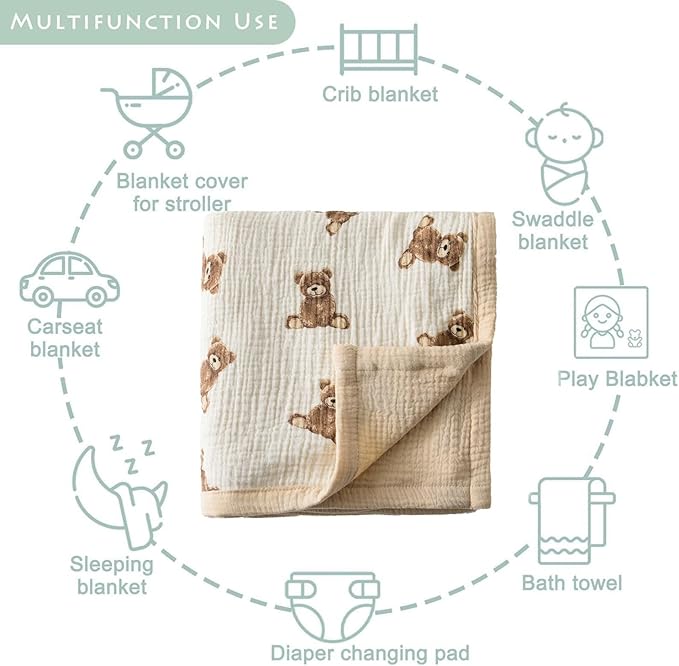 Little Jump 2 Layers Muslin Cotton Baby Blankets - Teddy Bear Toddler Quilt Crib Blanket - Gender Neutral Crib Blanket for Baby Boys and Girls 47"x 47" (Teddy Bears)