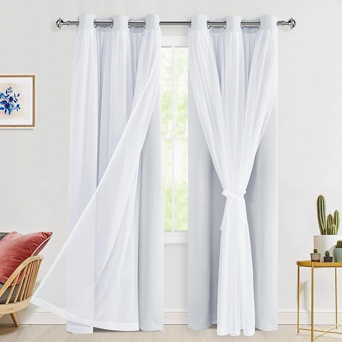 Hiasan Greyish White Blackout Curtains with Sheer Overlay, Grommet Thermal Insulated Mix & Match Double Layer Window Curtains for Bedroom, Living Room, 2 Drape Panels Sewn with Tiebacks, 38W X 84L
