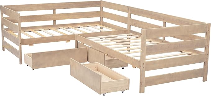 Twin Size L-Shaped Platform Bed for 2, Wood Kids Platform Bed Frame with 3 Storage Drawers and Guardrail for Boys Girls, Sturdy Slats Support (Natural-2.28)