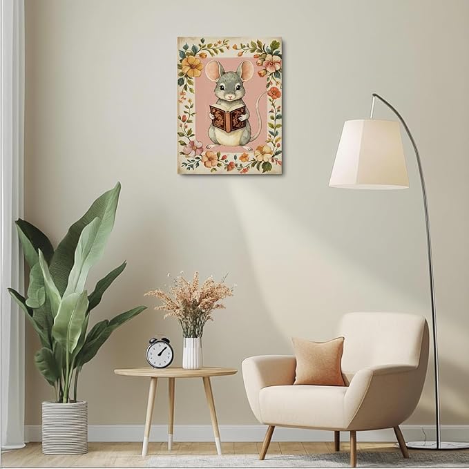 Cute Mouse Reading Book Lovers Gifts Nursery Animal Decor Wall Decor Canvas Wall Art Framed Artwork Bookworm Posters Painting for Home Library Office Study Bedroom Nursery Decorations 11.5X14.5 Inch