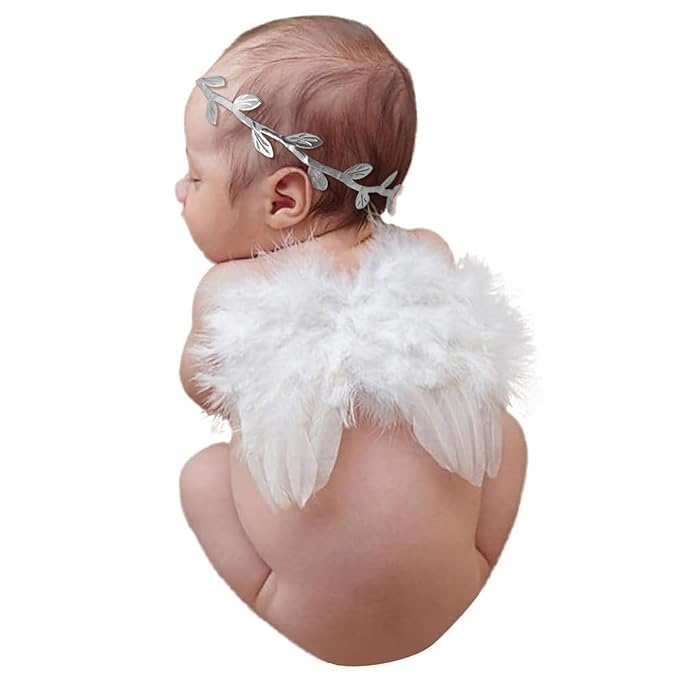 White Angel Wings With Leaf Headband For Newborn Infant Photography Props Soft Feather Wings For Kids Photo Outfits Baby Girls Costume(Color A, One Size)