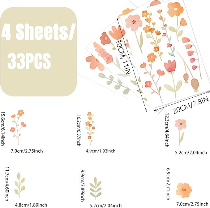 33Pcs Boho Floral Wall Decor Decals Removable Pink Watercolor Wildflower Stickers for Nursery, Girls Room, Dorm and Headboard Art