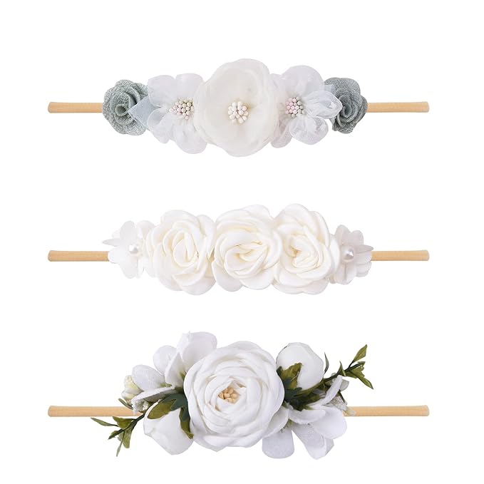 Baby Girl Floral Headband Nylon Flower Crown Elastic Hairband 3pcs Hair Accessories Gift for Girls，stretchy size 3pcs/set