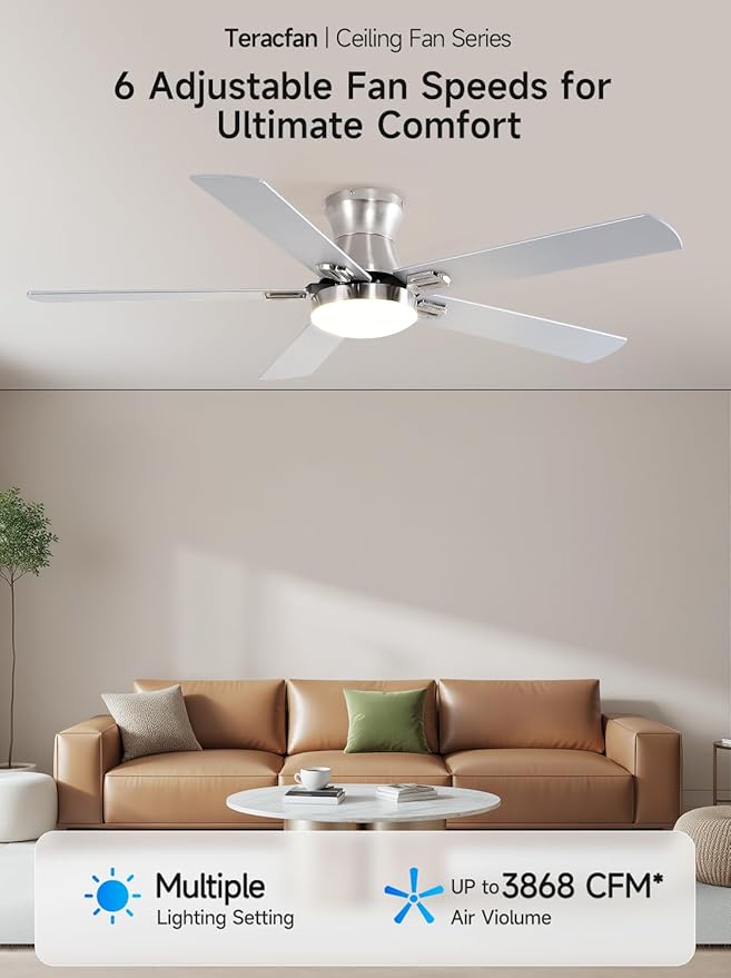52 Inch Ceiling Fans with Lights, RGB Ceiling Fan with Remote and App,Flush Mount Low Profile, Dimmable 35W LED, Reversible, Smart Ceiling Fan for Bedroom Nursery Living Room Apartment,Nickle
