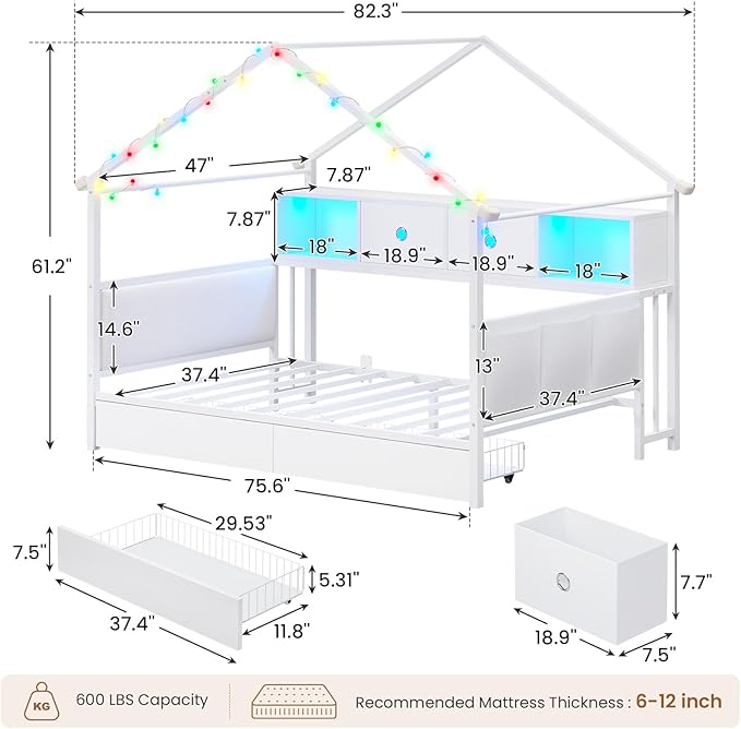 Hasuit Corner Twin House Bed Frame with Storage Drawers & Bookcase, House Shaped Metal Beds with Charging Station & LED Light, Corner Bed with Upholstered Headboard, Twin Size Bed for Kid Teens, White