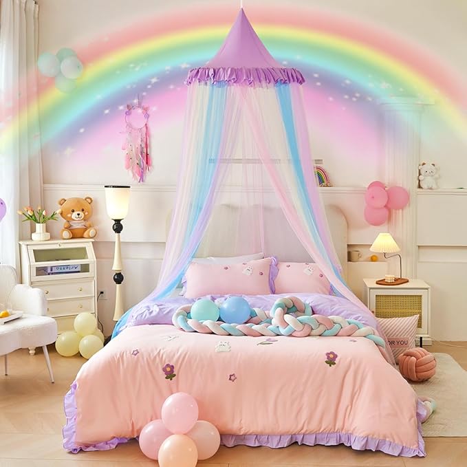 Kertnic Rainbow Bed Canopy for Girls Dreamy Mosquito Net for Bed Round Dome Princess Bed Canopy Girl Room Play Tent Kids Canopy Bed Netting Curtains (Single Layer- Purple)