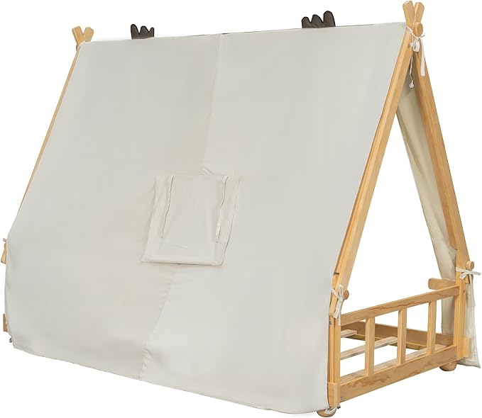 Montessori Floor Bed Twin with Tent & Light, Wood Twin House Beds for Kids, DIY Playhouse, Low-Profile Teepee Bed, Playful Indoor Adventure & Sleep for Girls Boys,Natural+White
