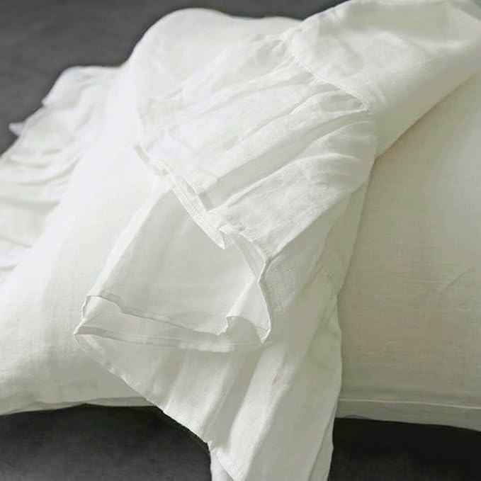 Ruffles Linen Pillowcase. Pure Flax Pillow Sham 100% French Linen Ruffled Pillow Cover, Standard, Queen, King Size 1 PCS (Twin, Ivory)
