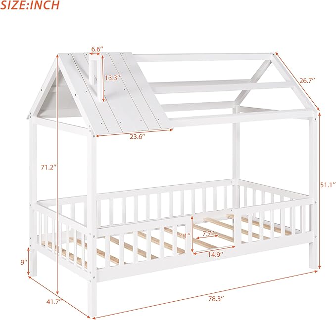 Merax Twin House Bed for Kids,Wood Twin Bed Frame House-Shaped Bed Platform Bed Frame with Roof Windows and Full-Length Safety Rails White