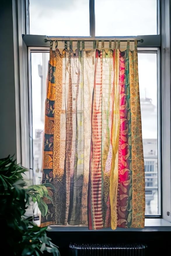 YILLE 1 Piece Silk Saree Curtains - Boho Curtain, Window, Room Curtain for Home Decor LightWieght Aesthetic Vibe (Multi-Color)