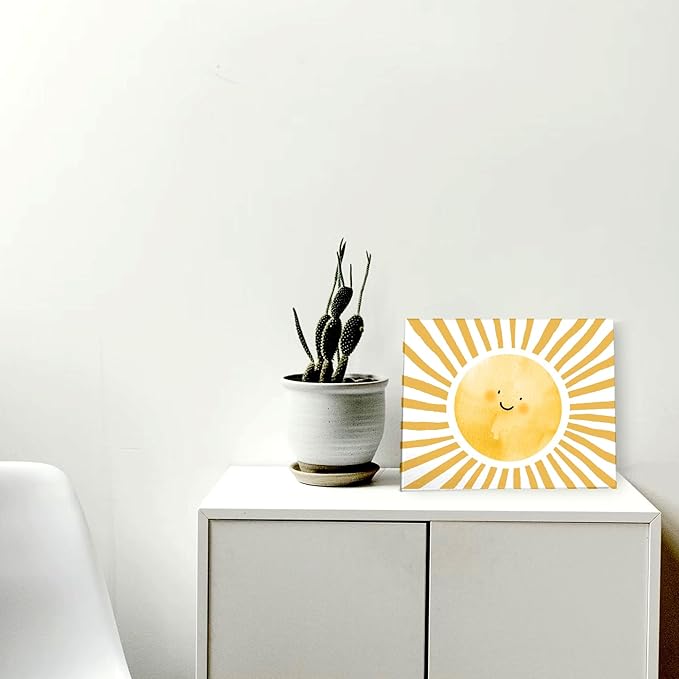 WODMIS Boho Sun Shunshine Wall Art, Cute Cartoon Smiling Watercolor Neutral Canvas Home Decor for Kids Baby Room Nursery Playroom, Yellow 11x14