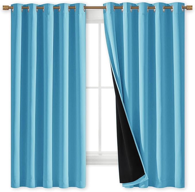 NICETOWN 100% Blackout Lined Curtains, Teal Blue, 1 Pair, 62" Width x 63" Length Each Panel, 2 Thick Layers Completely Blackout Window Treatment Thermal Insulated Drapes for Kitchen/Bedroom