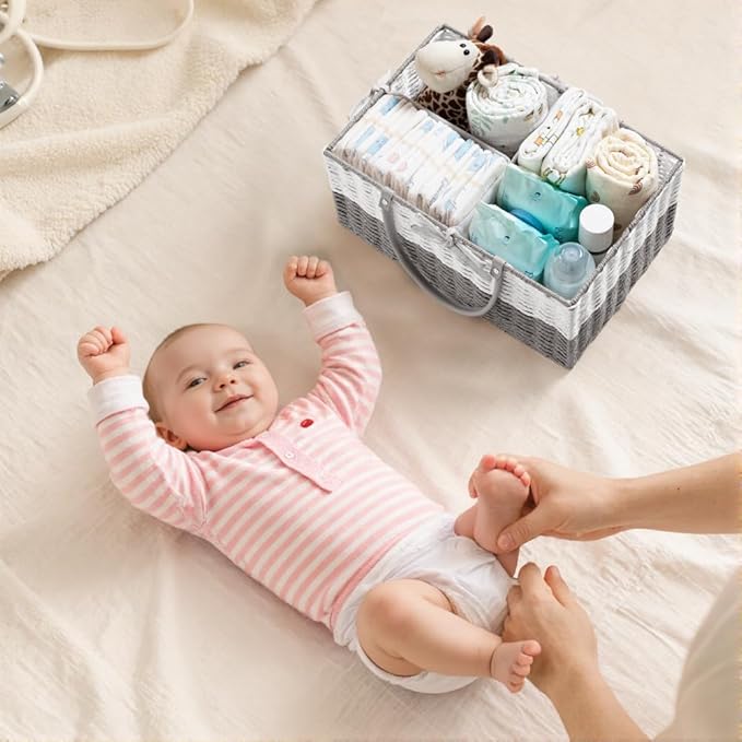 HBlife Large Diaper Caddy Organizer, Portable Paper Rope Woven Basket with Divider, Nursery Diaper Station Organizer, Baby Shower Gifts Basket & Car Organizer, Newborn Essentials