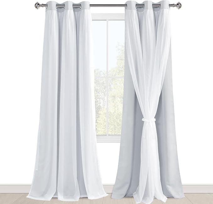 Hiasan Greyish White Blackout Curtains with Sheer Overlay, Mix and Match Double Layer Room Darkening Curtains for Bedroom Living Room 2 Window Panels Sewn with Tiebacks Grommet Top, 42W X 96L
