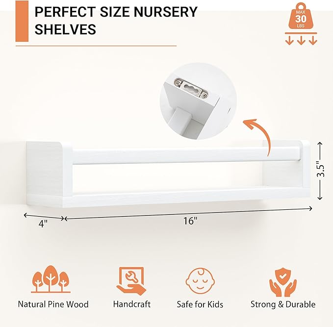 Heimlove Nursery Floating Shelves, Solid Wood Nursery Book Shelves for Wall, 16 inch Bookshelf for Kids, Wall Mounted Shelves for Books,Toys and Decor Storage, Set of 2 (White)