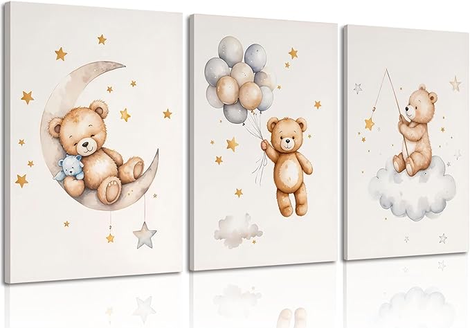 3 Pcs Framed Teddy Bear Nursery Canvas Wall Art Bear Sleeping on The Moon and Stars Wall Decor Pictures Balloon Cloud Neutral Poster Prints for Kids Baby Room Kindergarten Home Decoration 16x24in