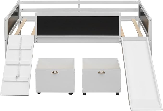 Play Fun Design Twin Size Loft Bed with Slide and Rope Climbing Ladder for Kids Boys Girls, Solid Wood Loft Bed Frame with 2 Storage Boxes and Double-sided Chalkboard, Sturdy Slat Support (White-2)