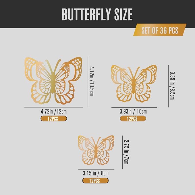 36PCS Butterfly Wall Decals - Gold Butterfly Stickers Mural Wall Decor Home Decor Kids Room Bedroom Decor Living Room Decor, Removable Reusable Stickers