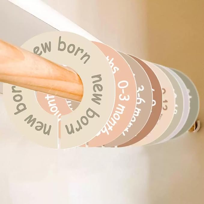 Baby Closet Dividers for Clothes-Baby Wardrobe Organizer,Earth Tone Round Baby Clothes Dividers for Closet Rod,Nursery Closet Organizer & Decor, Clear Labels for Easy Sorting, Fits Most Rods