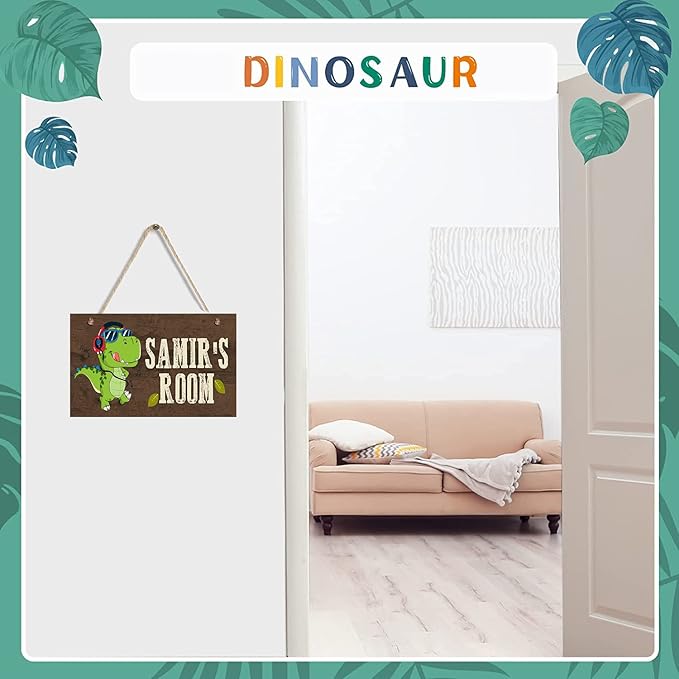 Personalized Wood Hanging Sign for Boys Nursery Kids Bedroom, Custom Wooden Door Sign with Any Text, Cartoon Dinosaur Decor, Kids Nursery Wall Art