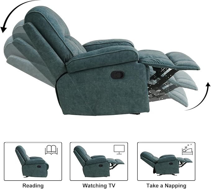 Manual Rocker Recliner Chair for Adults, High Back Glider with Deep Seat, Upholstered Fabric Armchair for Living Room & Nursery, Blue