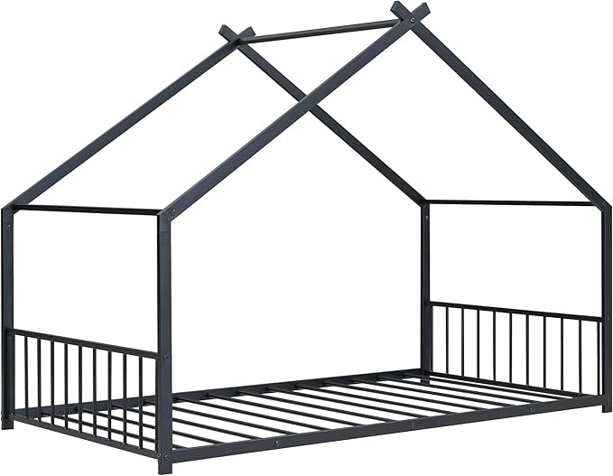 Twin Size House Shaped Montessori Platform Beds, Wood Floor Bed Frame with Roof and Fence Deisgn, Kids Double Toddler Bed for Children Boys Girls, Easy Assemble, No Box Spring Needed, Black