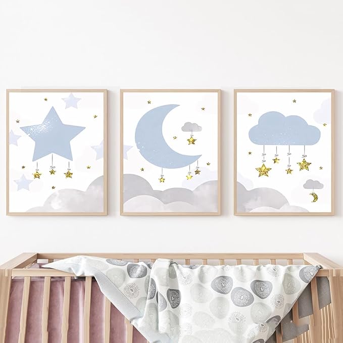 LUHDFYS Cartoon Moon and Stars Canvas Wall Art Print,Scandinavian Style Nursery Decor Poster,Blue Moon and Stars Wall Art,Cute Baby Room Classroom Decoration for Boys and Girls Unframed