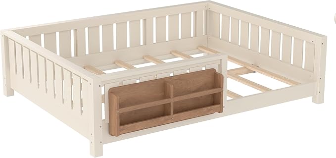 Bellemave Full Size Floor Bed with Slats and Safety Guardrail, Full Size Montessori Floor Bed with Fence and Built-in Bookshelf, Easy Assemble Montessori Beds for Kids, Girls, Boys, Beige