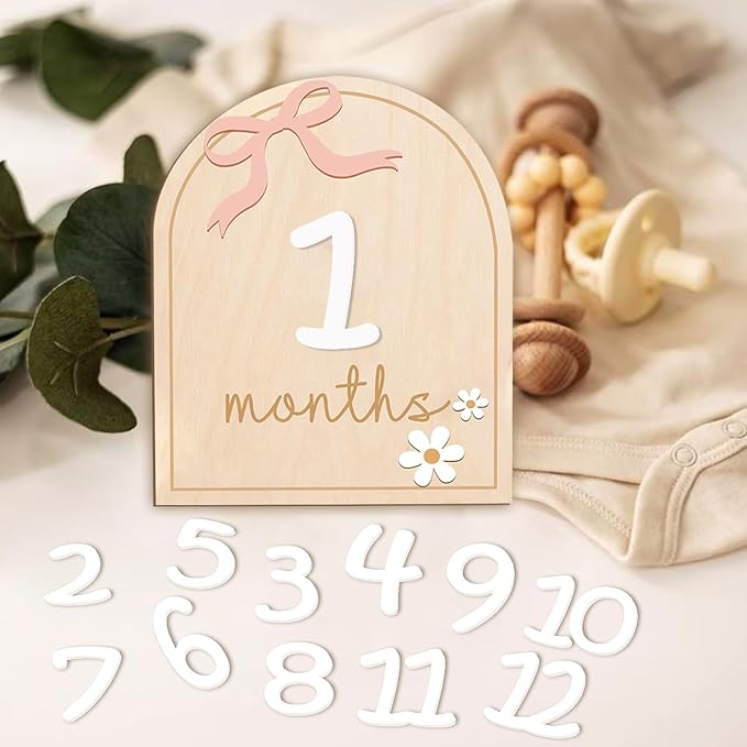 Monthly Baby Milestone Wooden Signs, Double-Sided Bow-Themed Baby Milestone Discs with Hello World & My First Holiday Designs – Cute Baby Announcement Sign & Photoshoot Props for Boys and Girls (Bow)