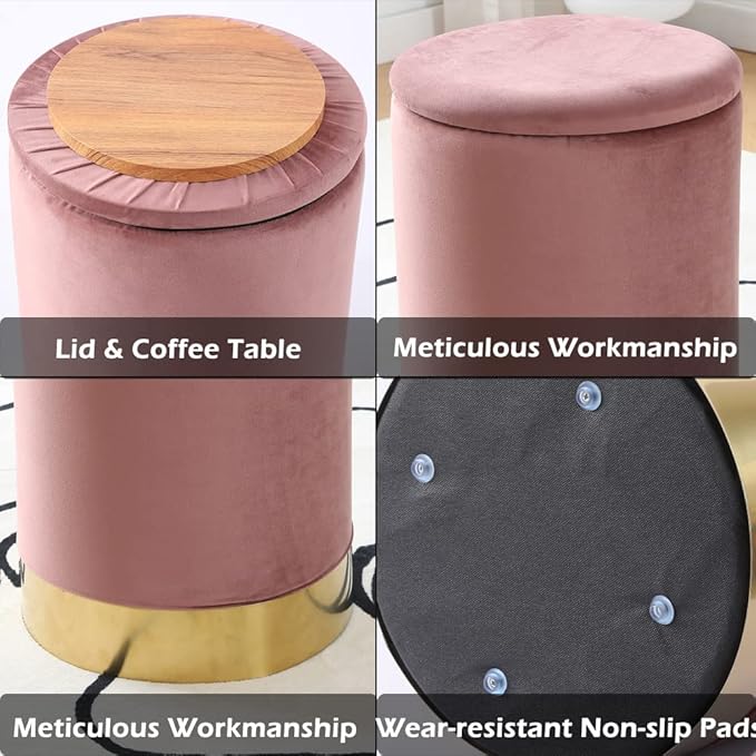 Mxfurhawa Velvet Storage Ottoman Multipurpose Footrest Stool with Metal Base Modern Round Vanity Stool Chair Ottoman Foot Stools Support 300 lbs Padded Seat for Living Room (Dusty Rose (Velvet))