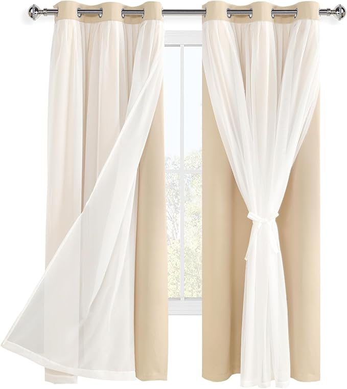 Hiasan Blackout Curtains with Sheer Overlay, Grommet Thermal Insulated Privacy Mix and Match Double Layer Window Curtains for Girls Bedroom, Living Room, 2 Drape Panels with Tiebacks, Beige, 42W X 63L
