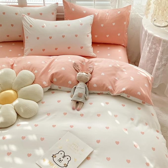 Blush Pink Duvet Cover Set Queen Heart Bedding Set Cute Love Heart Bedding 3Pcs Girls Reversible White Pink Duvet Cover with Zip and 2 Pillowcases（No Comforter）