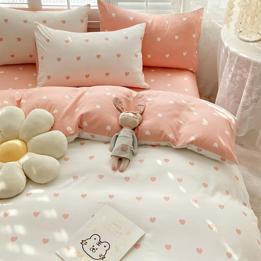 Blush Pink Duvet Cover Set King Heart Bedding Set Cute Love Heart Bedding 3Pcs Girls Reversible White Pink Duvet Cover with Zip and 2 Pillowcases（No Comforter）