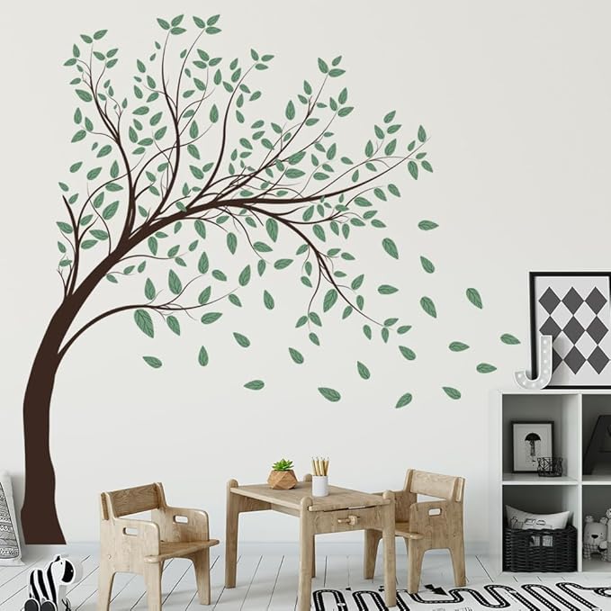 4 Sheets Green Tree Wall Decals Big Tree Wall Stickers Large DIY Peel and Stick Flying Leaves Wall Decor for Kids Bedroom Living Room Nursery Rooms TV Sofa Background Decoration