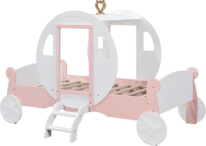 Cute Twin Size Princess Carriage Bed with Crown and Stair,Solid Wood Platform Car Bed Frame with 2 Doors,Headboard and Footboard,Safety Wood Slats for Kids Boys Girls (White+Pink-s18)