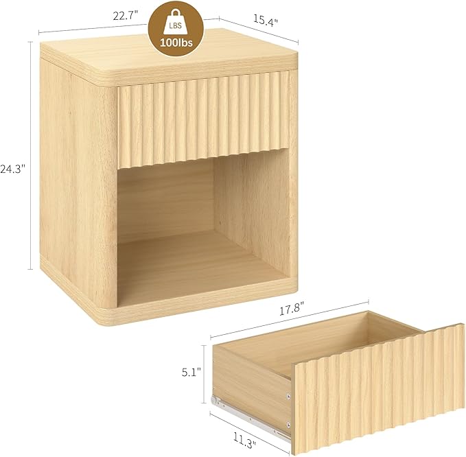 Night Stand Fluted Nightstand with Drawers, Wood Bedside Table with Storage Shelf, Bed Side Table for Bedroom, End Tables Living Room, Farmhouse Nightstands Night Stands, Sofa Side Tables